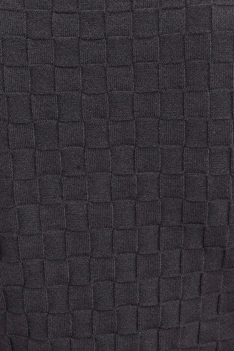 Grey Knit Top Long Sleeve High Neck Crop Checker Stitch