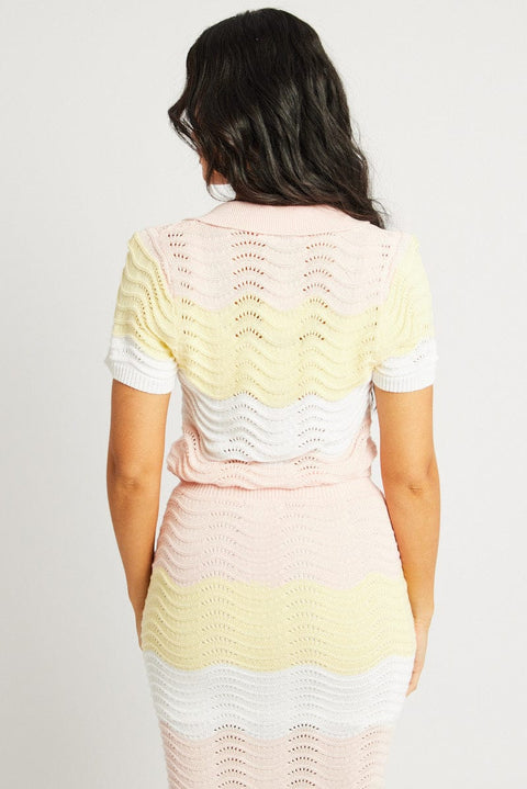 Multi Stripe Crochet Knit Top Collared