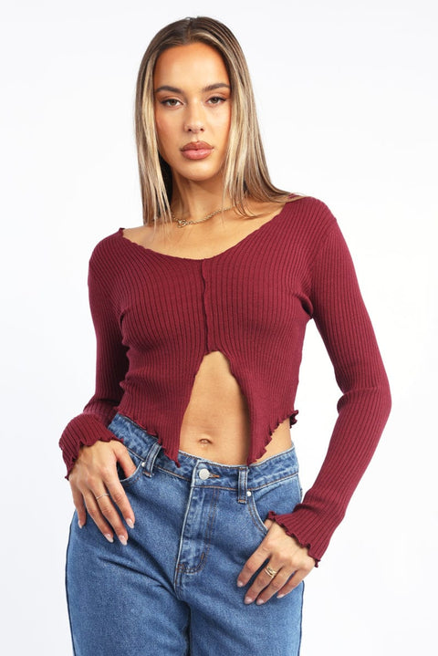 Red Rib Knit V-neck Long Sleeve Top