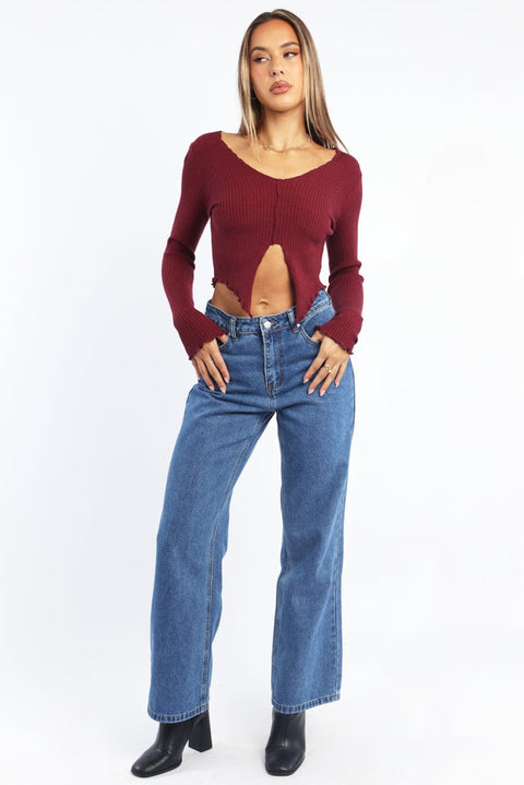 Red Rib Knit V-neck Long Sleeve Top