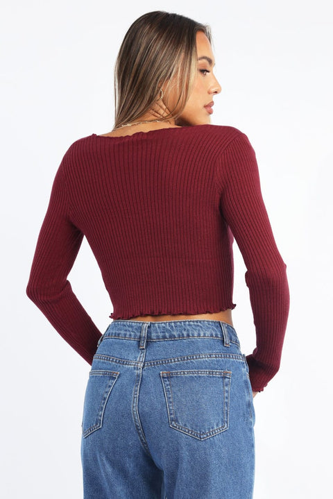 Red Rib Knit V-neck Long Sleeve Top