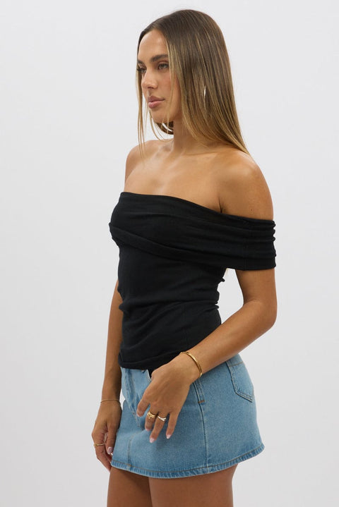 Black Bardot Knit Top Short Sleeve