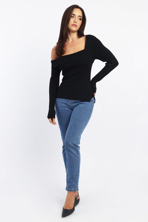 Black One Shoulder Knit Top Long Sleeve