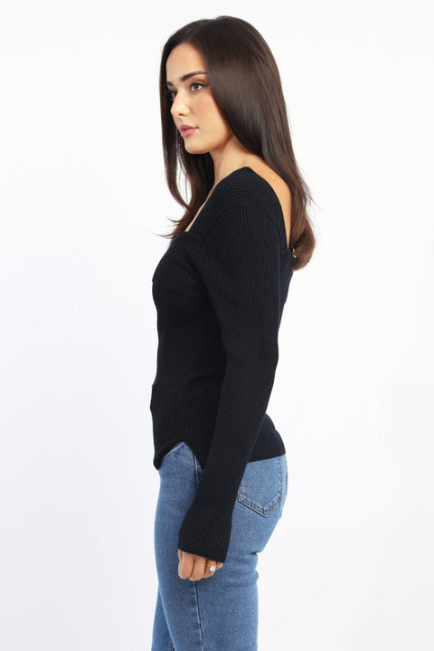 Black One Shoulder Knit Top Long Sleeve