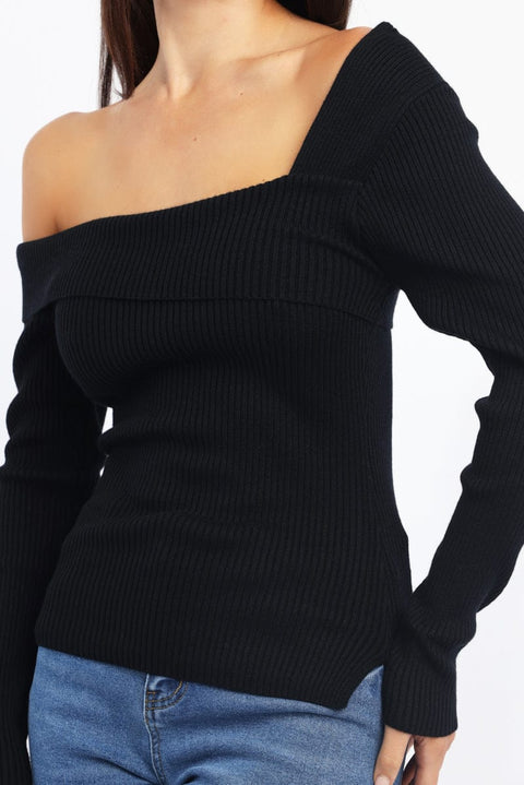 Black One Shoulder Knit Top Long Sleeve