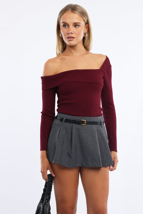Red One Shoulder Knit Top Long Sleeve