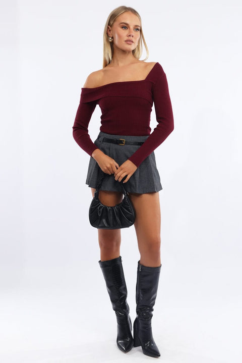 Red One Shoulder Knit Top Long Sleeve
