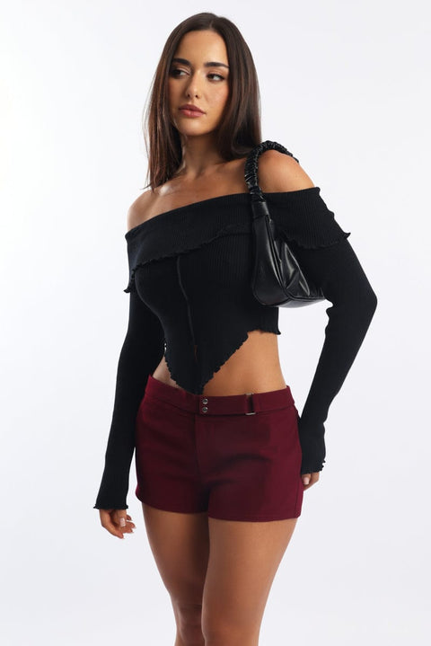 Black Bardot Knit Top Long Sleeve Open Front