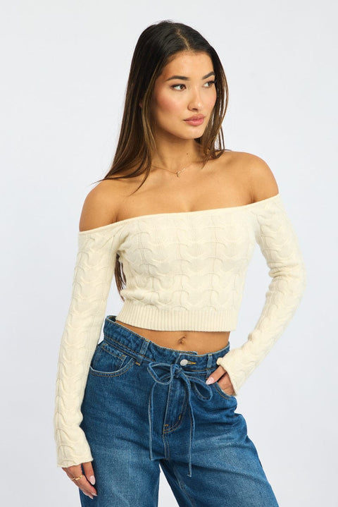 White Cable Knit Top Long Sleeve Off Shoulder