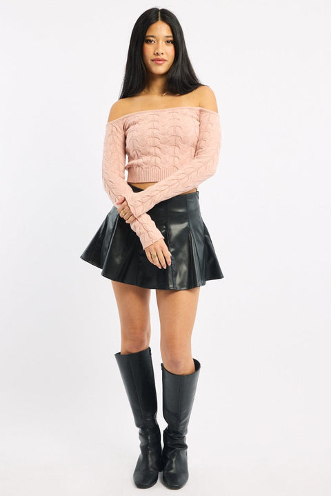 Pink Cable Knit Top Long Sleeve Off Shoulder