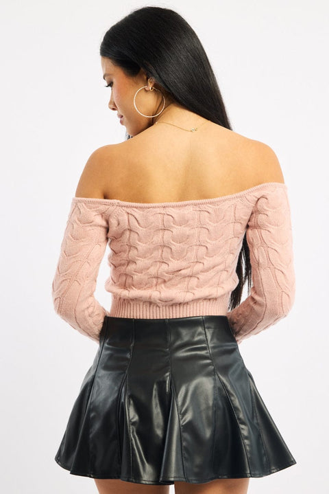 Pink Cable Knit Top Long Sleeve Off Shoulder