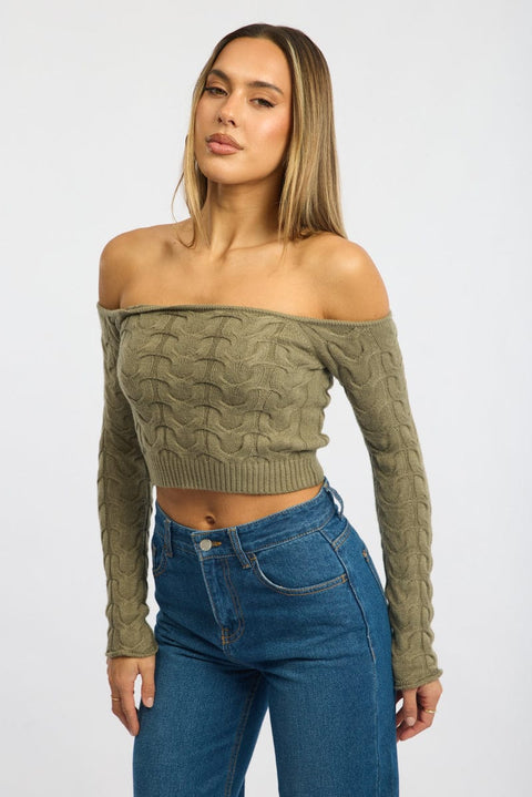 Green Cable Knit Top Long Sleeve Off Shoulder