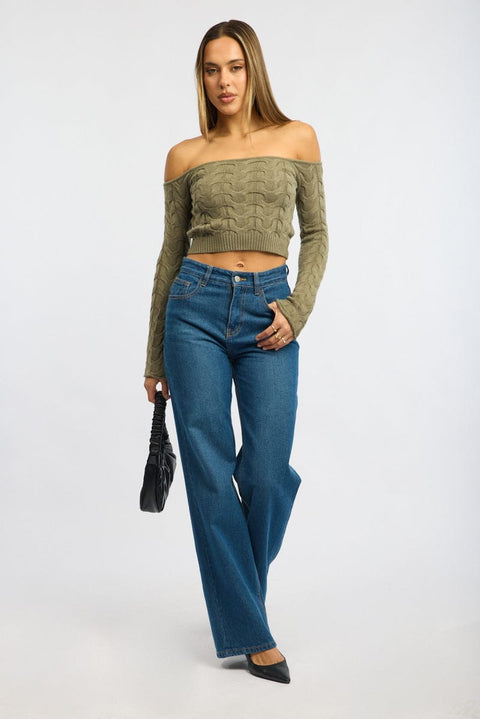 Green Cable Knit Top Long Sleeve Off Shoulder