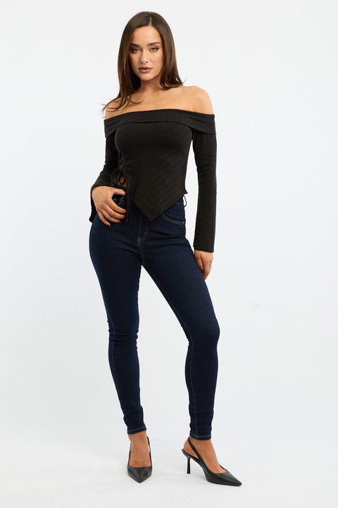 Black Off Shoulder Top Long Sleeve Ruched