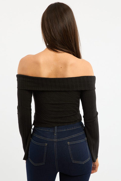 Black Off Shoulder Top Long Sleeve Ruched