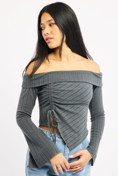 Grey Off Shoulder Top Long Sleeve Ruched