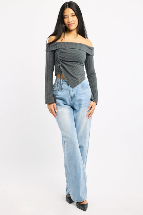 Grey Off Shoulder Top Long Sleeve Ruched
