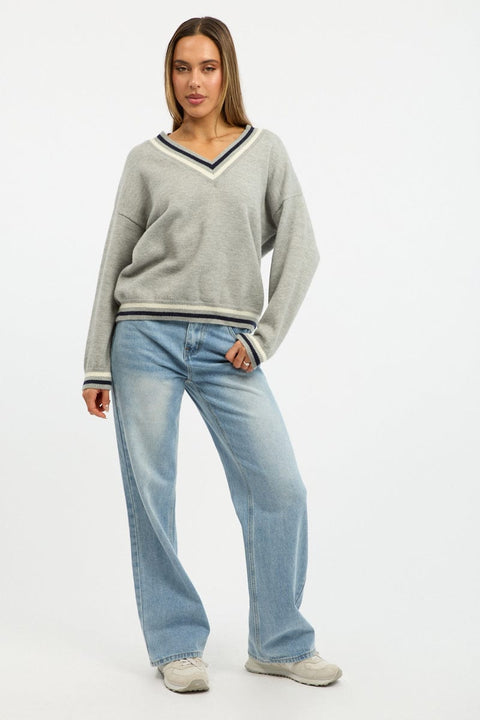 Grey Knit Jumper Long Sleeve V-neck