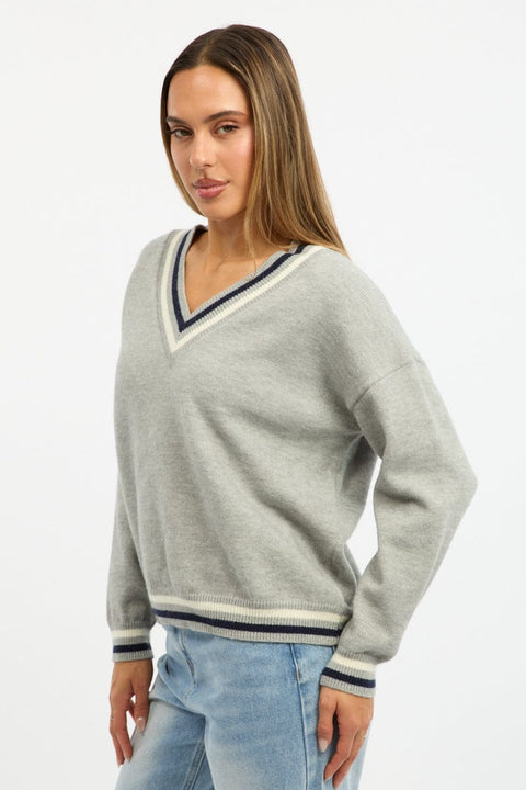 Grey Knit Jumper Long Sleeve V-neck