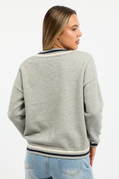 Grey Knit Jumper Long Sleeve V-neck
