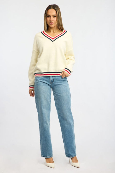 White Knit Jumper Long Sleeve V-neck