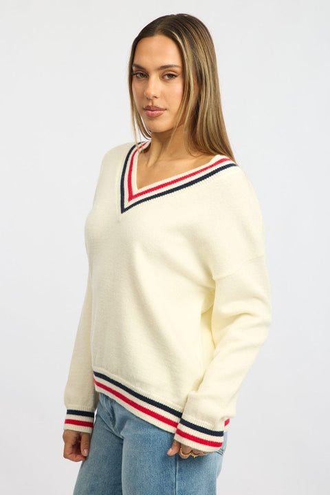 White Knit Jumper Long Sleeve V-neck