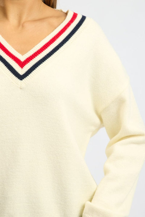 White Knit Jumper Long Sleeve V-neck