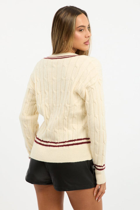 White Cable Knit Top Long Sleeve V-neck