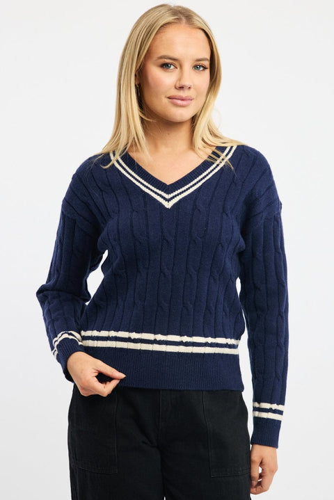 Blue Cable Knit Top Long Sleeve V-neck