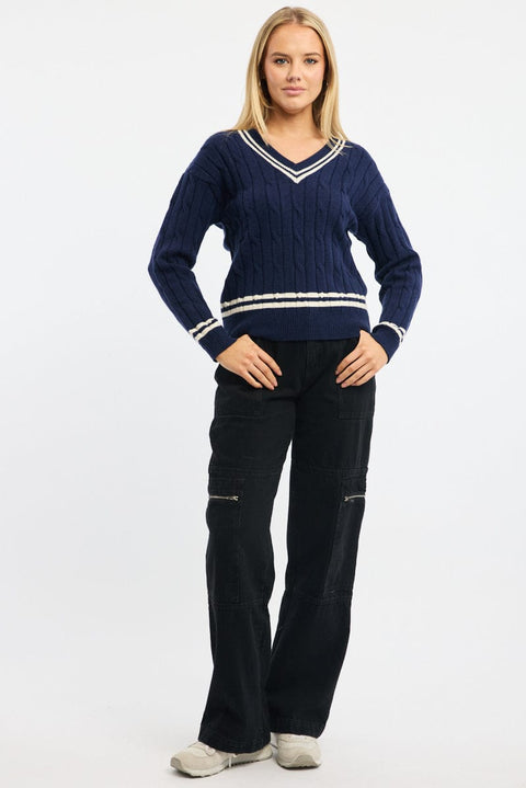 Blue Cable Knit Top Long Sleeve V-neck