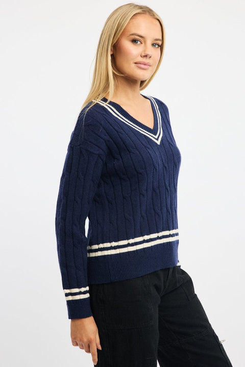 Blue Cable Knit Top Long Sleeve V-neck