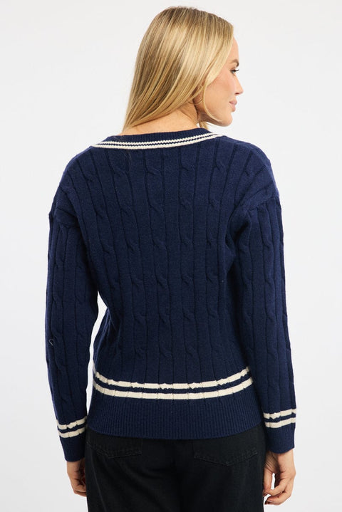 Blue Cable Knit Top Long Sleeve V-neck