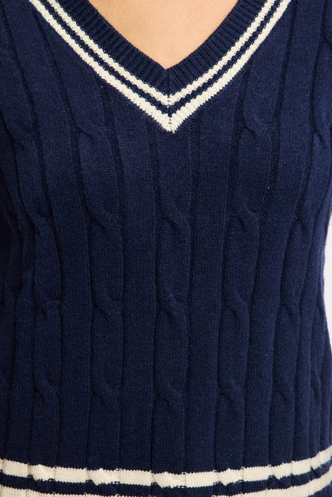 Blue Cable Knit Top Long Sleeve V-neck