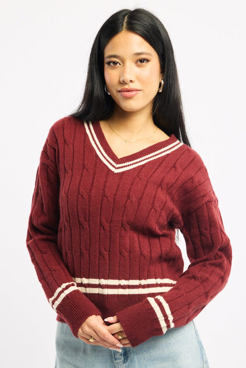 Red Cable Knit Top Long Sleeve V-neck