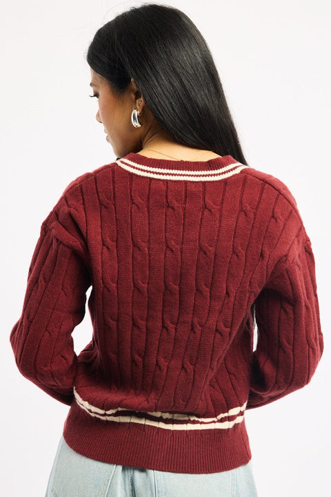 Red Cable Knit Top Long Sleeve V-neck