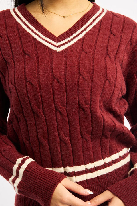 Red Cable Knit Top Long Sleeve V-neck