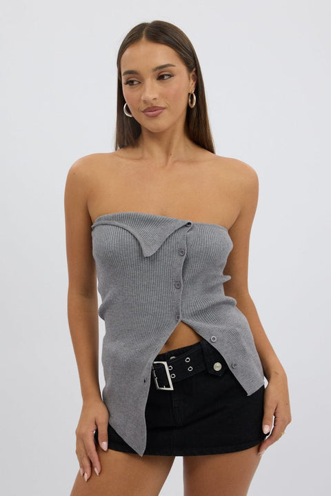 Grey Strapless Knit Top Open Front