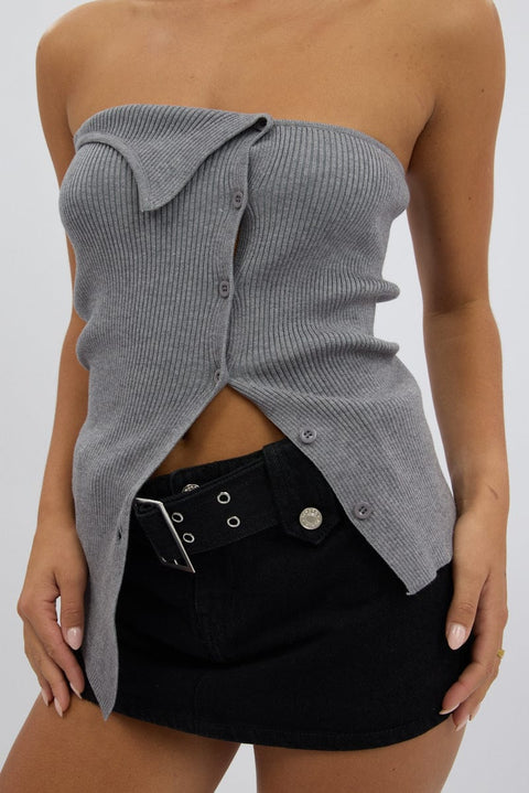 Grey Strapless Knit Top Open Front