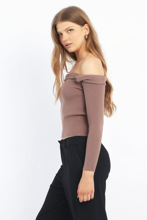 Brown Knit Top Long Sleeve Off Shoulder
