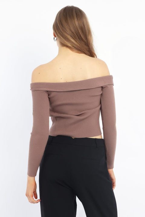 Brown Knit Top Long Sleeve Off Shoulder