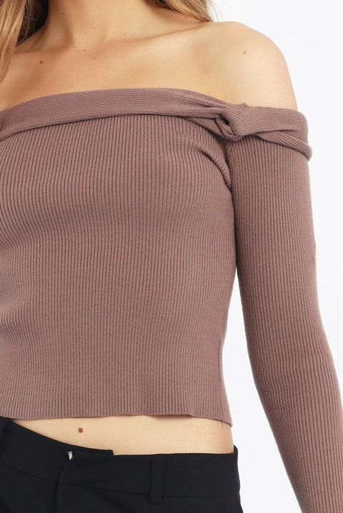 Brown Knit Top Long Sleeve Off Shoulder