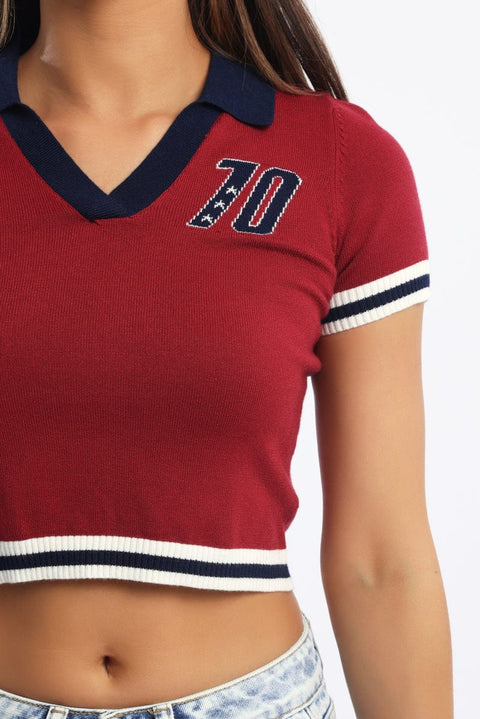Red Knit Top Short Sleeve Collared