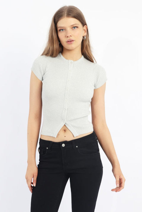 Grey Knit Top Short Sleeve Ribbed