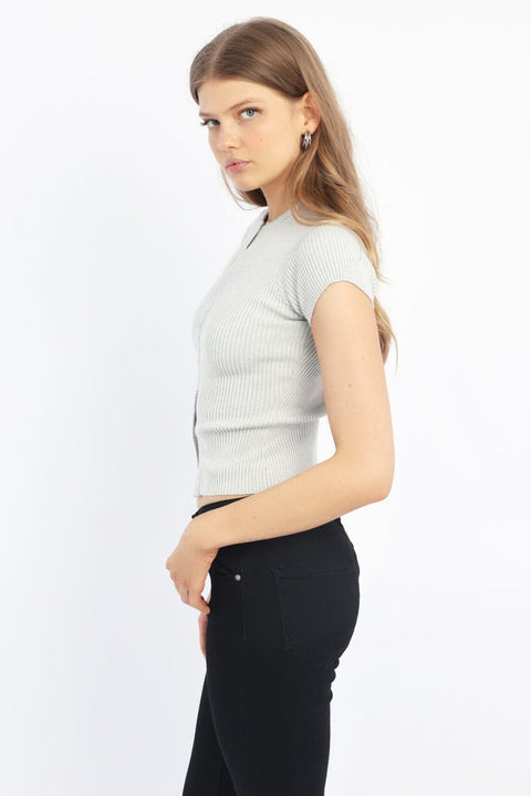 Grey Knit Top Short Sleeve Ribbed