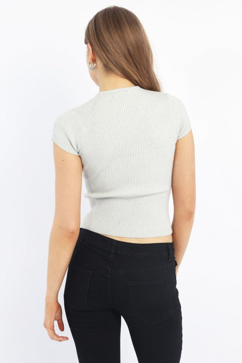 Grey Knit Top Short Sleeve Ribbed
