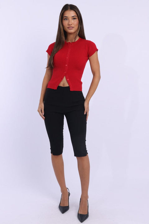 Red Knit Top Short Sleeve Ribbed