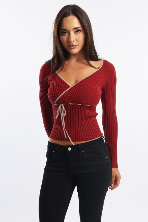 Red Knit Top Long Sleeve Wrap Front Contrast Ribbon