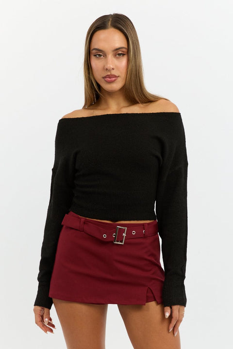 Black Knit Top Off Shoulder Long Sleeve