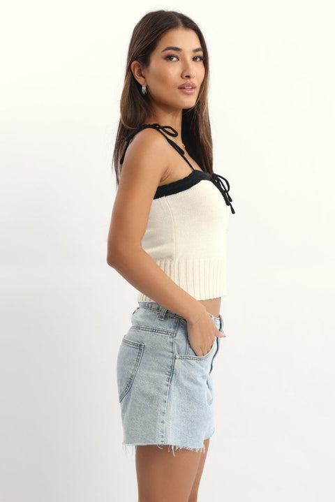 White Knit Top Sleeveless Contrast Ribbon
