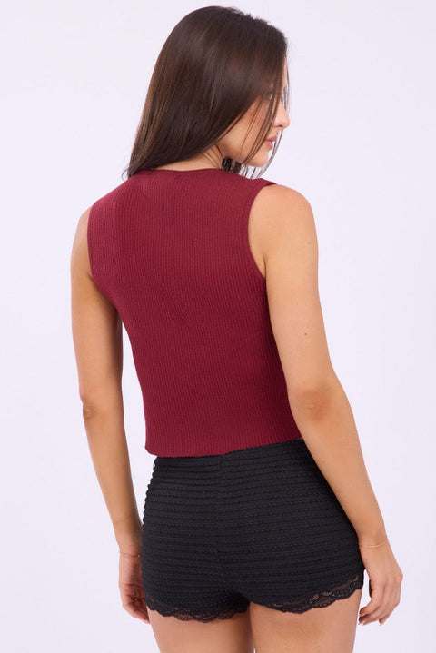 Red Knit Top Sleeveless Front Ribbon